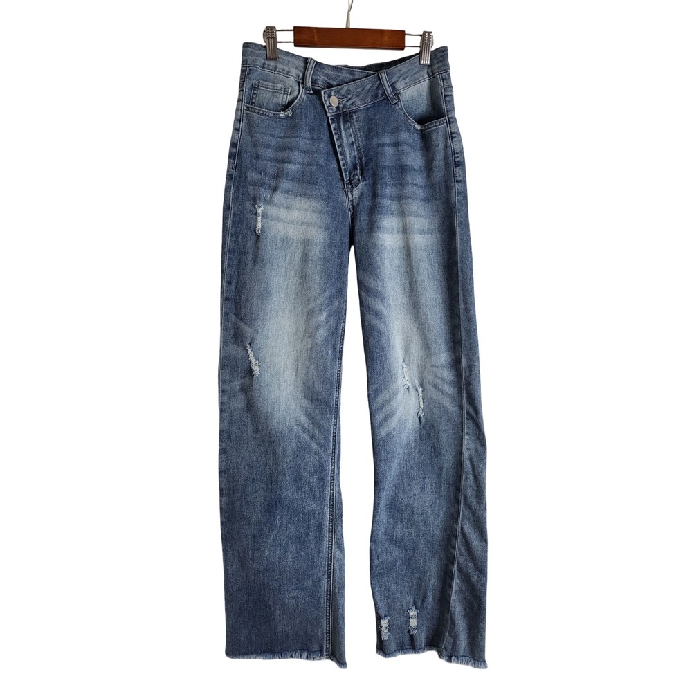 Asymmetrical Crossover Waist Wide Leg Distressed Jeans Medium Wash Blue Size M